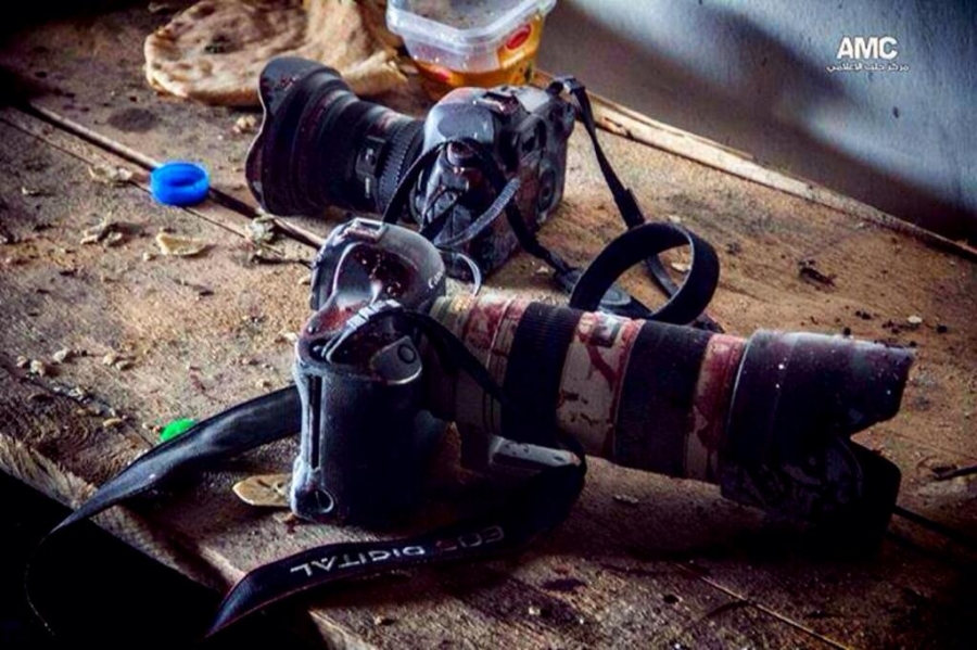 camera of Molhem Barakat, freelance photographer with reuters news agency in syria, blood stained